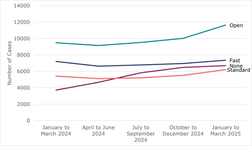 Line chart showing quarterly volumes by track. Outlined in tables 1a to e and the surrounding text.
