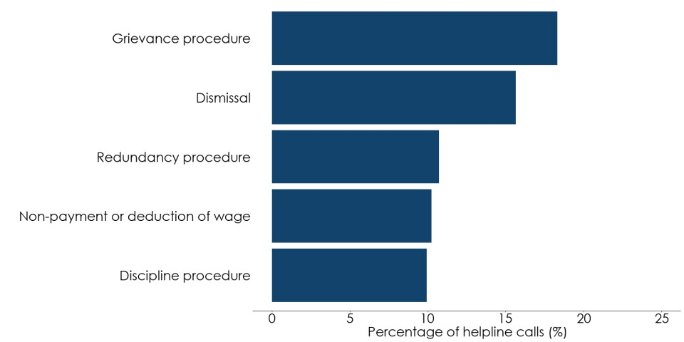 Bar chart showing the most common helpline call subtopics for employees. Full data in the following table.